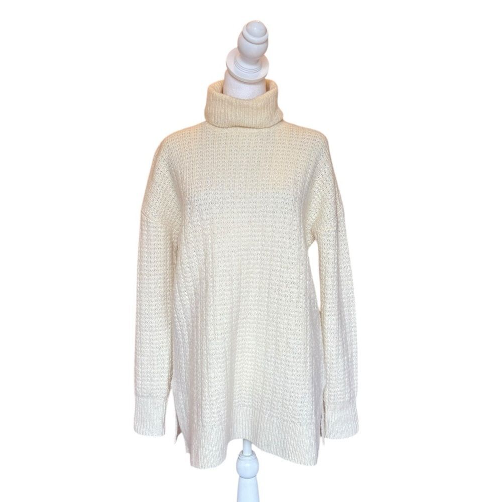 Theory Wool Oversized Turtleneck Tunic Sweater Womens Small Ivory Chunky Knit